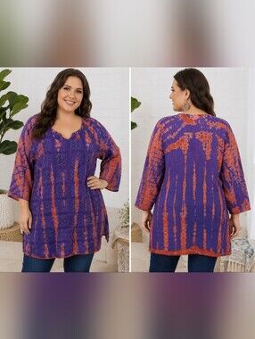 krishna plus size purple orange tie dye beaded tunic top boho cotton india